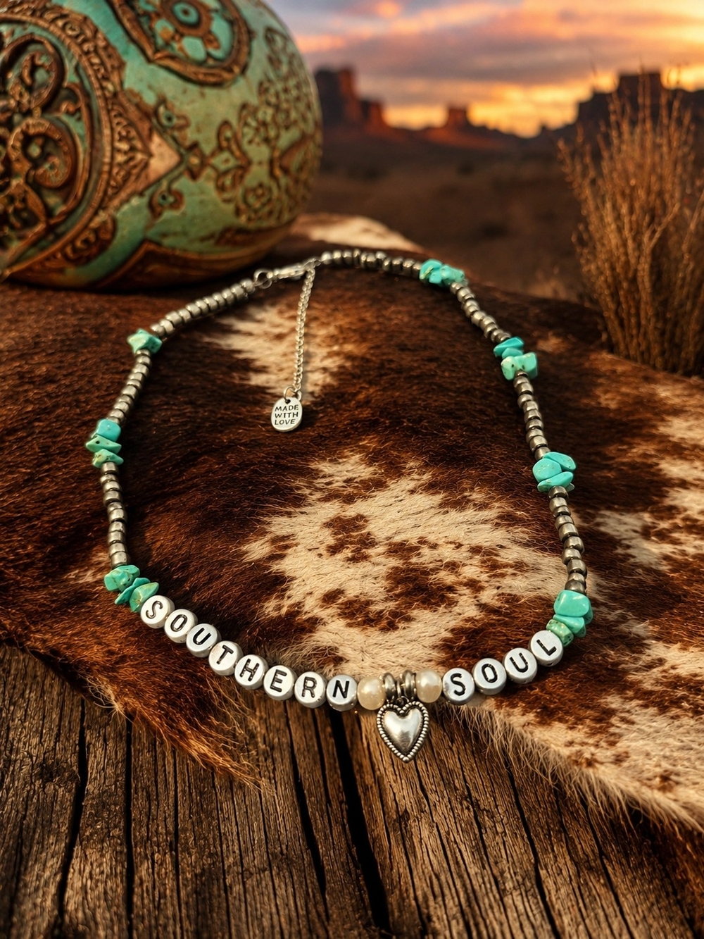 Southern Soul Turquoise Chip Necklace with Silver Heart Charm